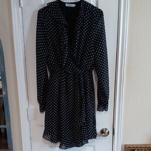 Black Polka Dot Long Sleeve Faux Wrap Dress